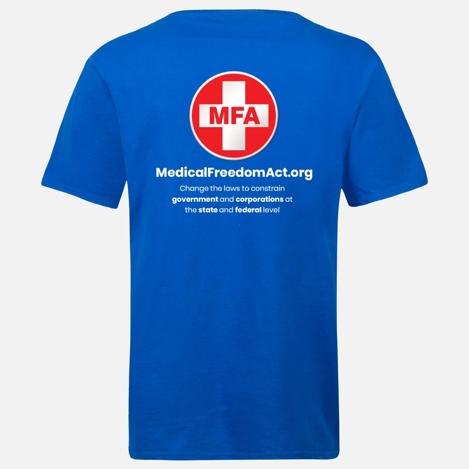 01-MFA blue shirt - metal logos - front top,left, full back - back