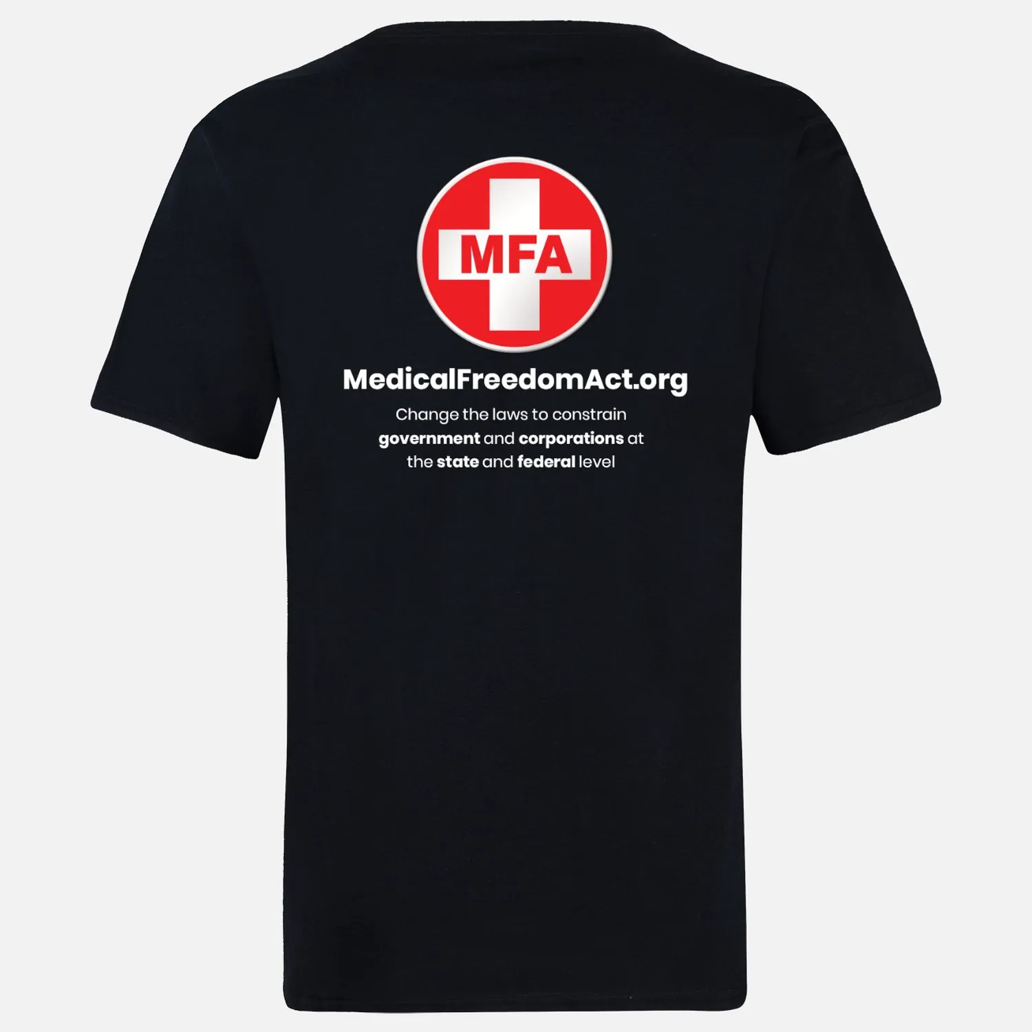 02-MFA black shirt - metal logos - front top,left, full back - back