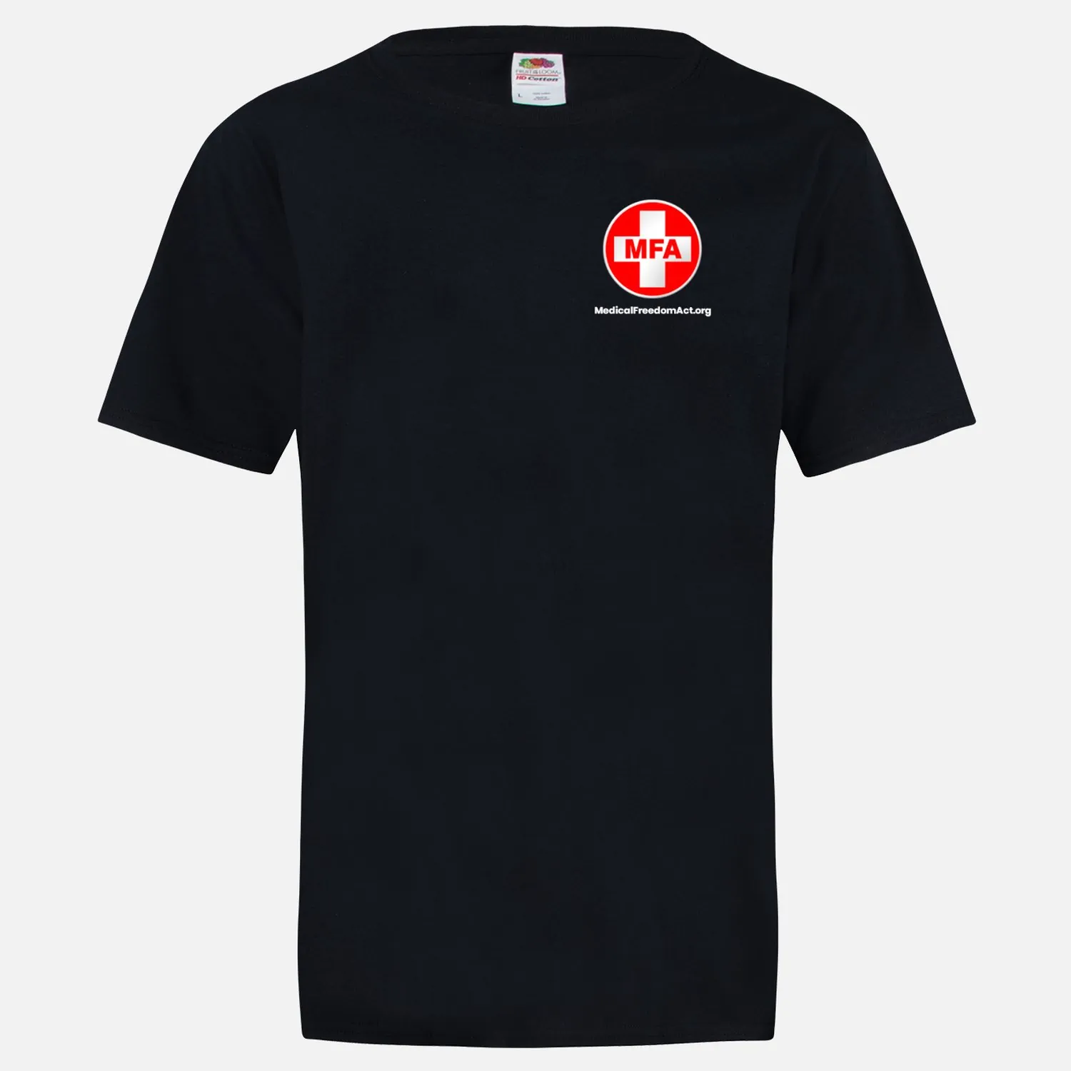 03-MFA black shirt - metal,white logos - front top,left, full back - front