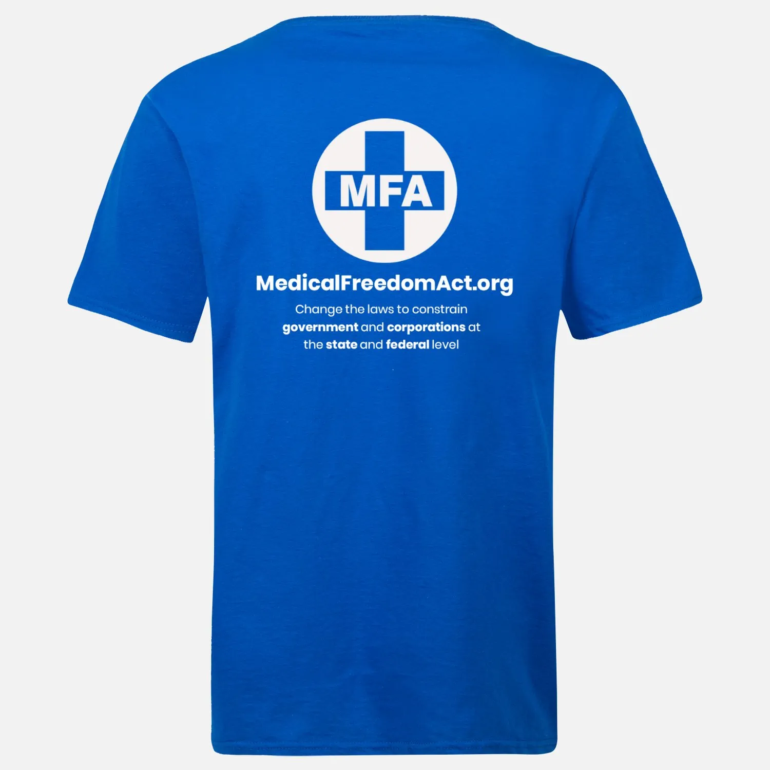 05-MFA blue shirt - metal,white logos - front top,left, full back - back