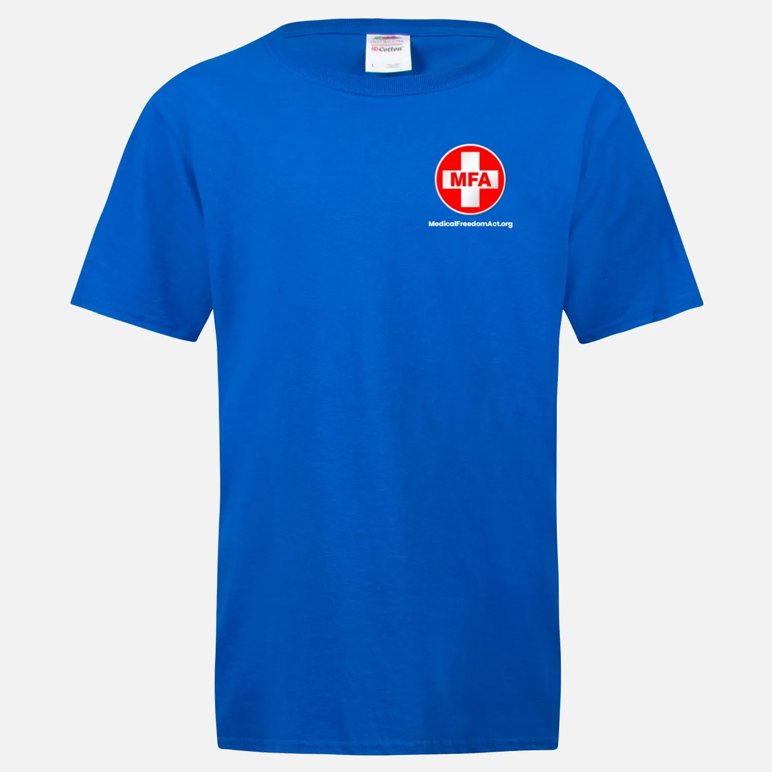 05-MFA blue shirt - metal,white logos - front top,left, full back - front