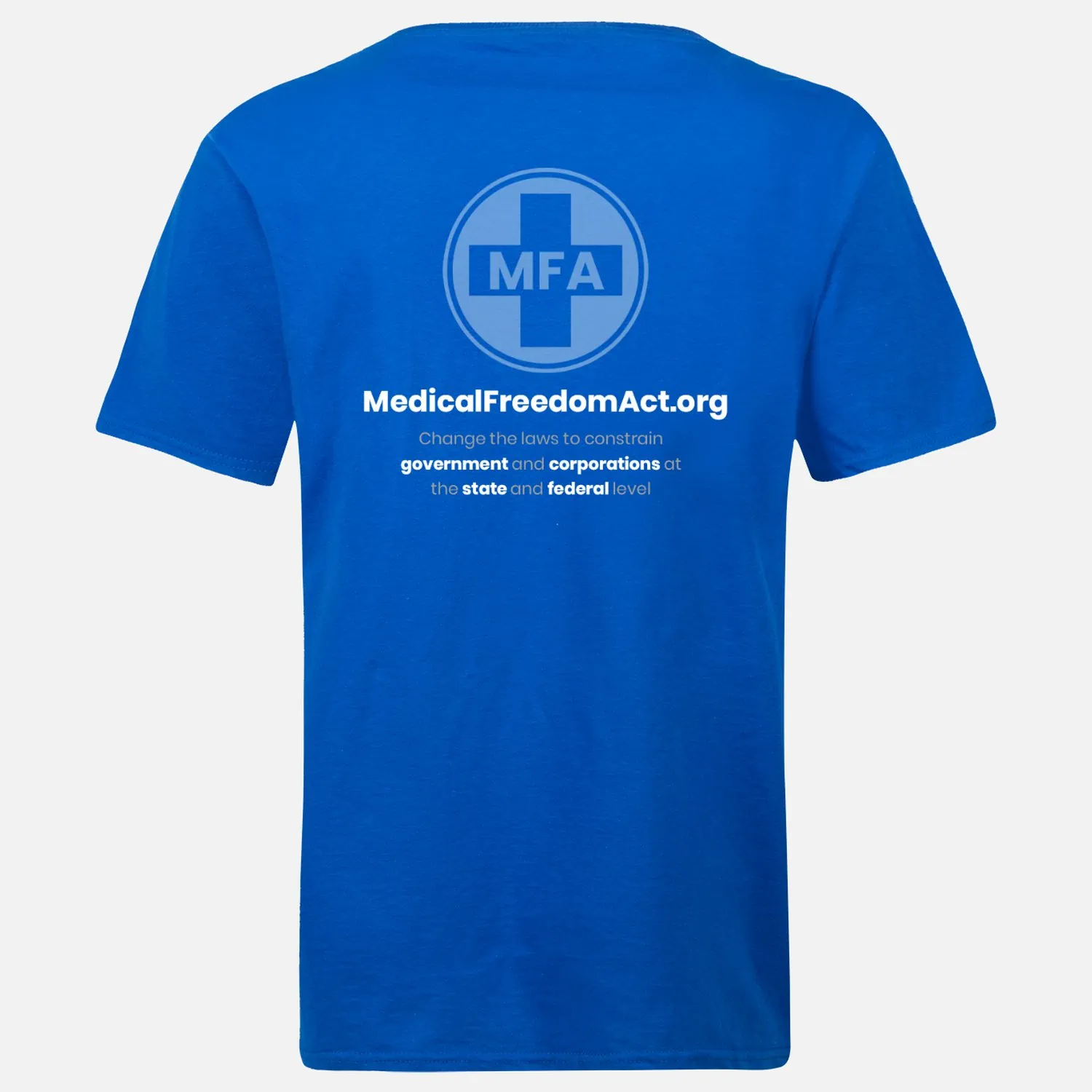 06-MFA blue shirt - subdued logos - front top,left, full back - back