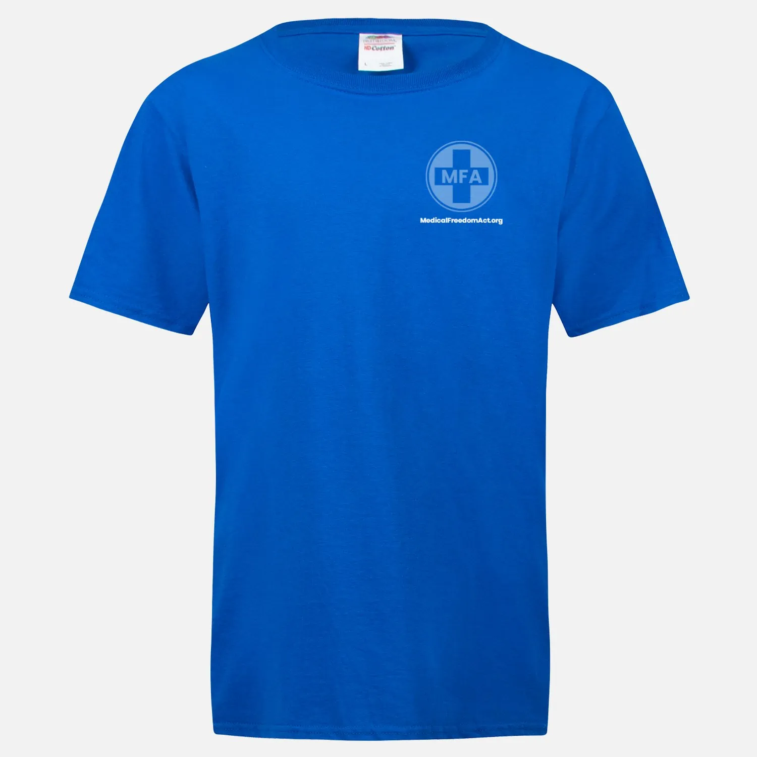 06-MFA blue shirt - subdued logos - front top,left, full back - front