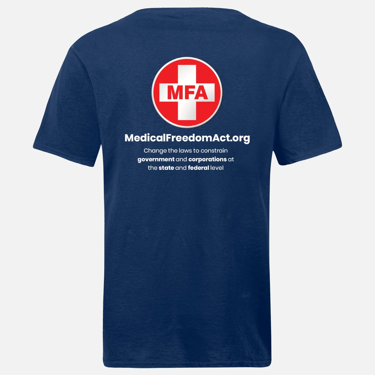 07-MFA Navy blue shirt - metal logos - front top,left, full back - back
