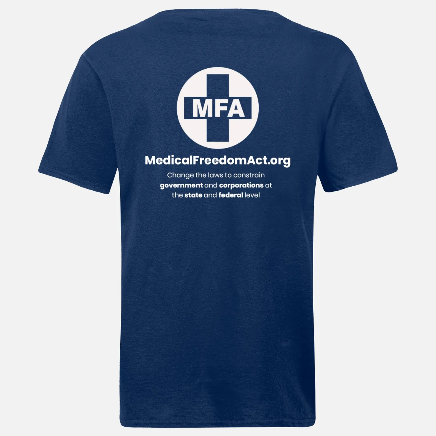 08-MFA navy blue shirt - metal,white logos - front top,left, full back - back