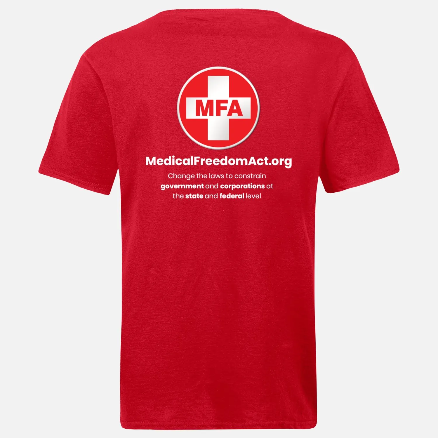 10-MFA red shirt - metal logos - front top,left, full back - back